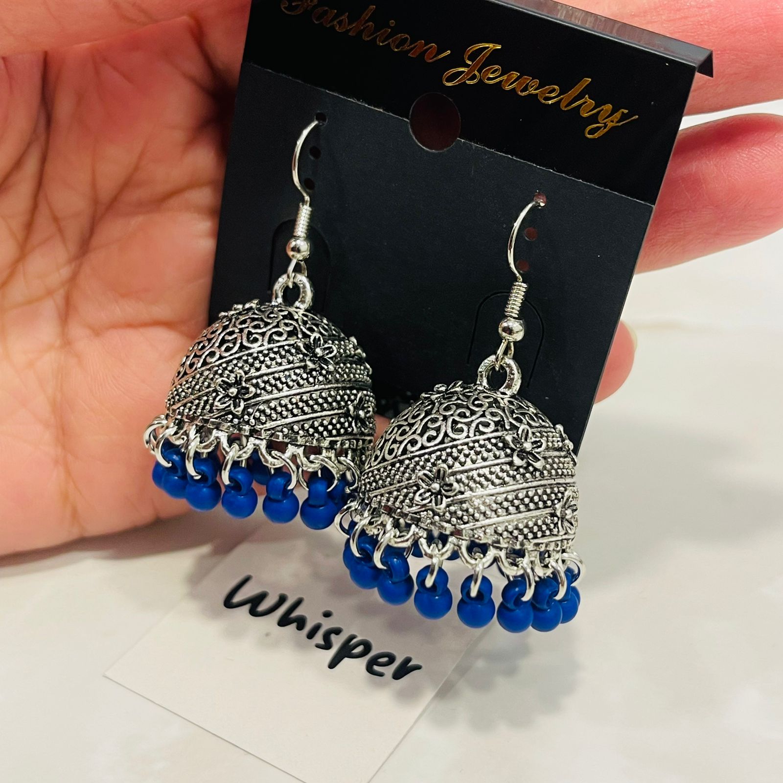 Blue Bead Oxidized Jhumka Earrings