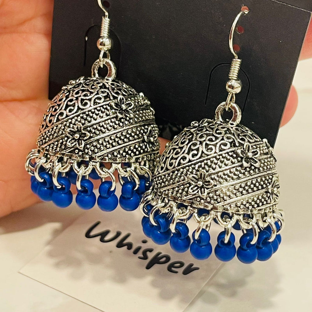 Blue Bead Oxidized Jhumka Earrings