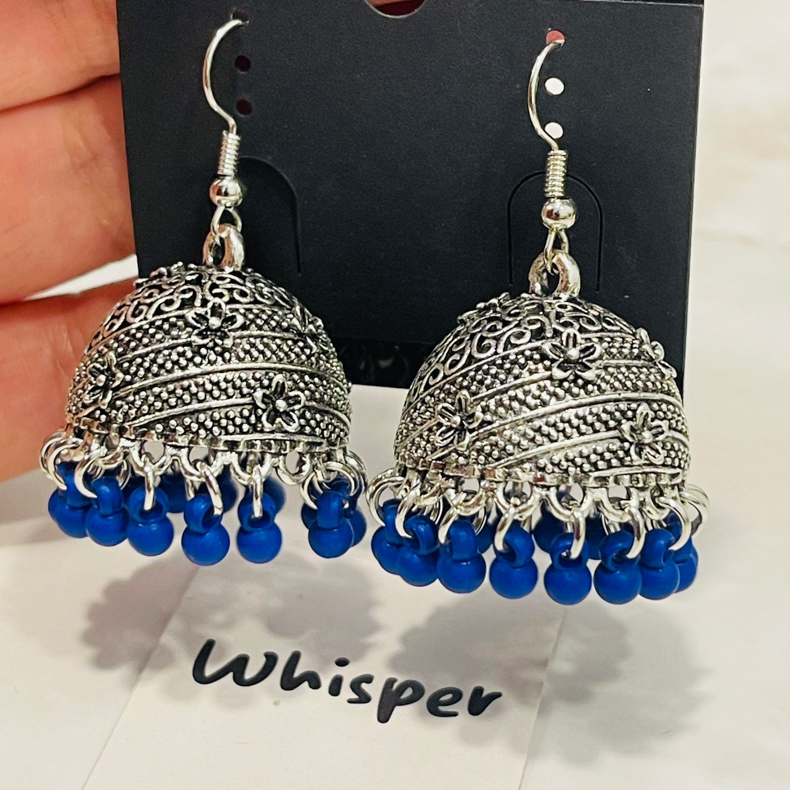Blue Bead Oxidized Jhumka Earrings