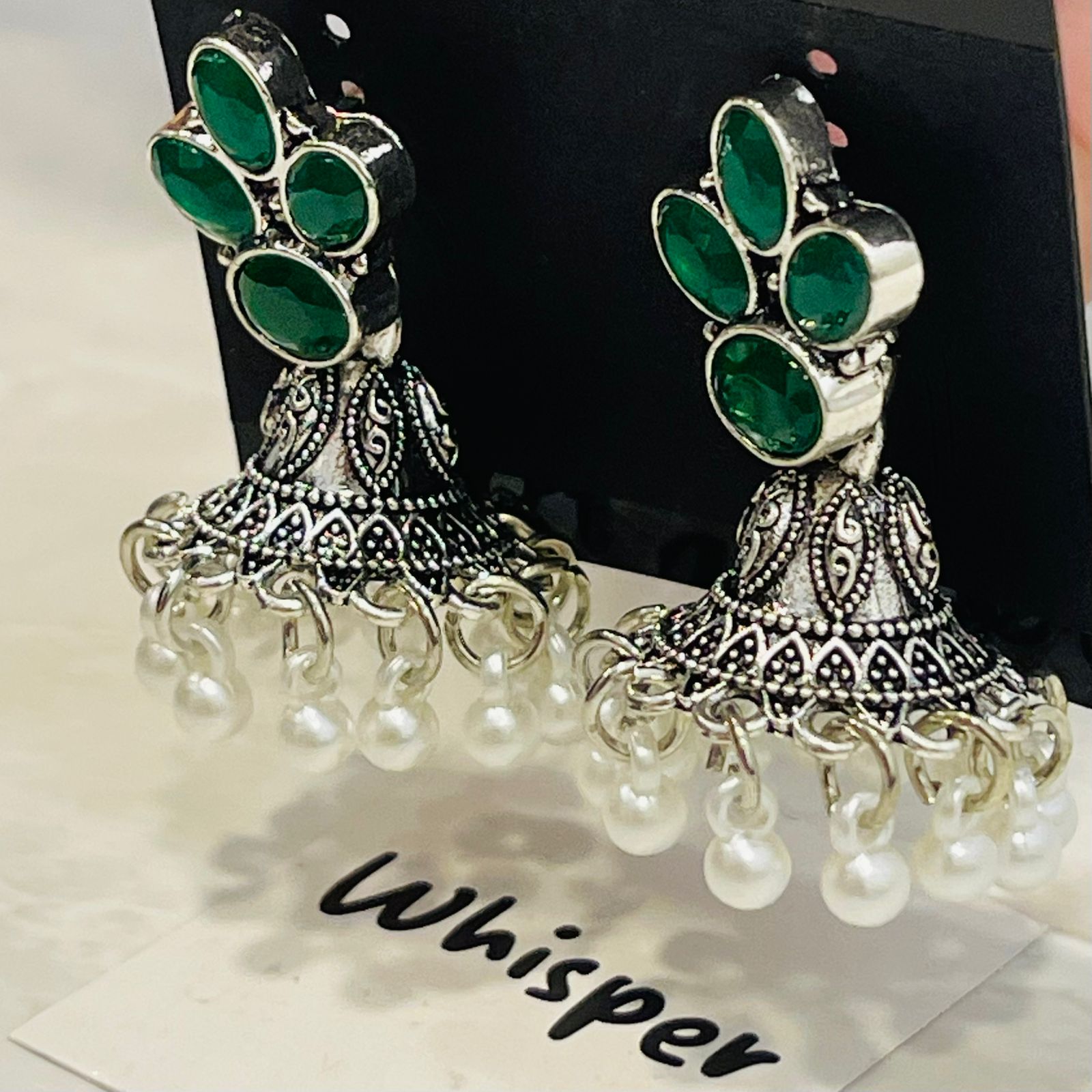 Emerald Green Stone Oxidized Jhumka