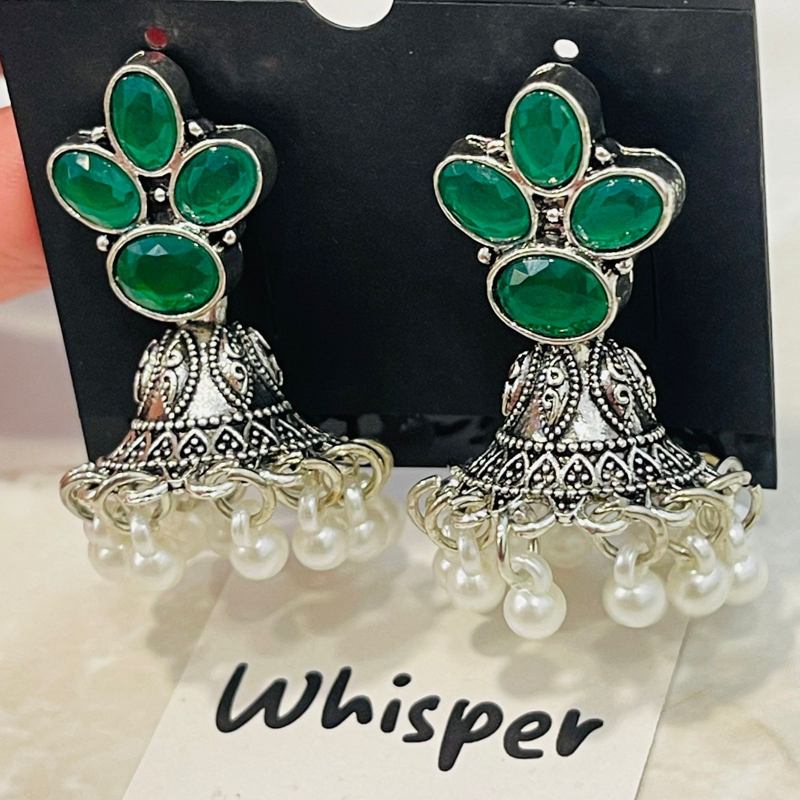 Emerald Green Stone Oxidized Jhumka