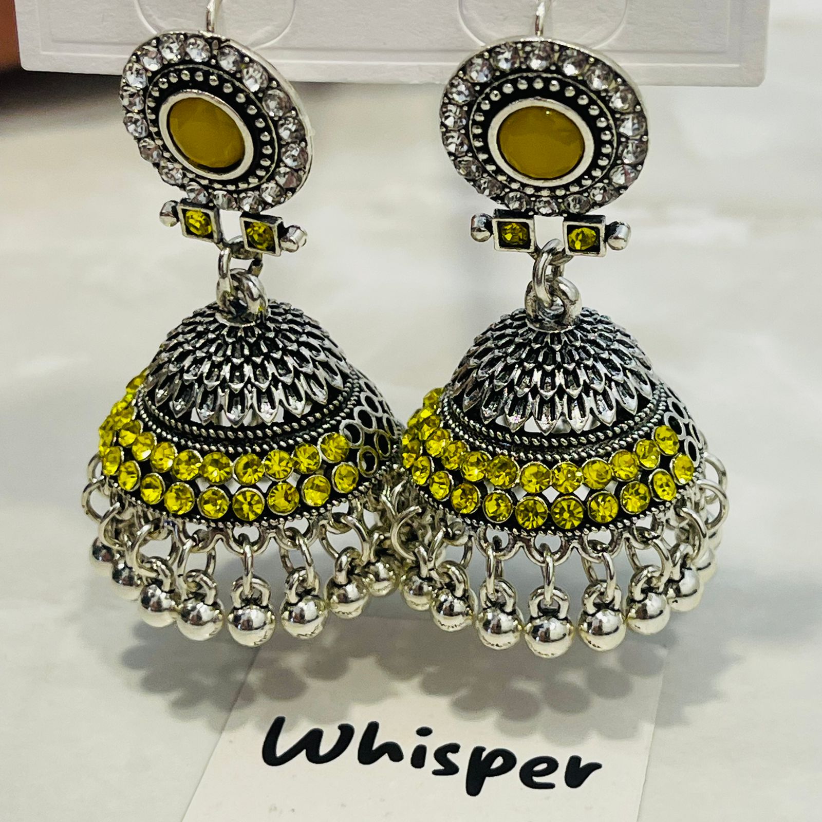 yellow Stone Oxidized Jhumka Earrings