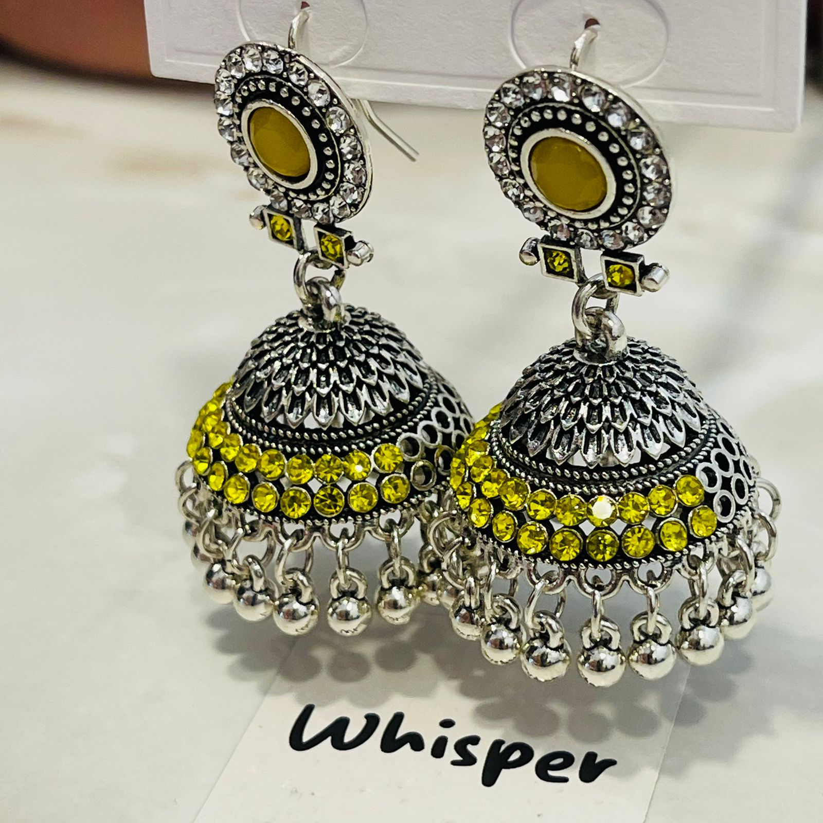 yellow Stone Oxidized Jhumka Earrings