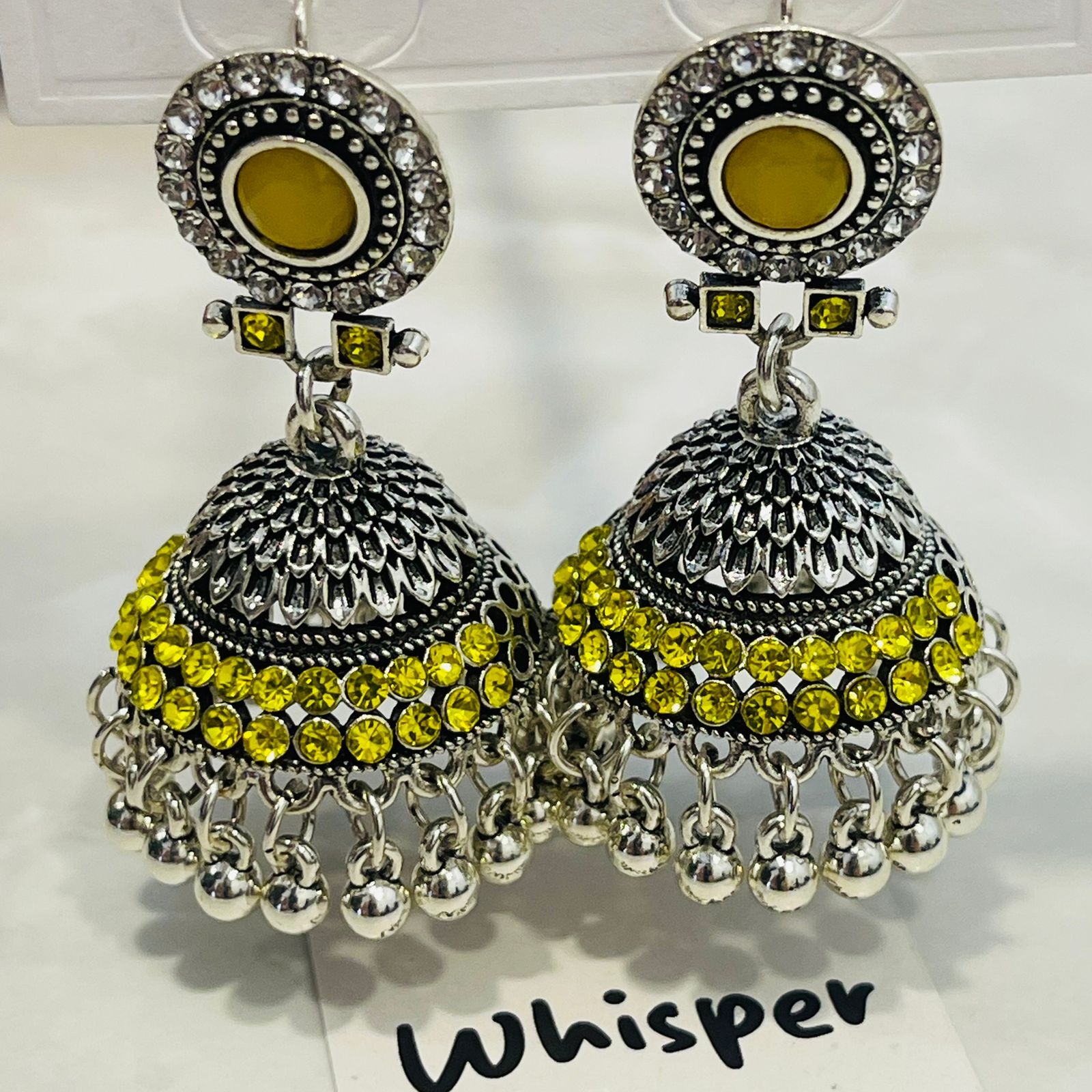 yellow Stone Oxidized Jhumka Earrings