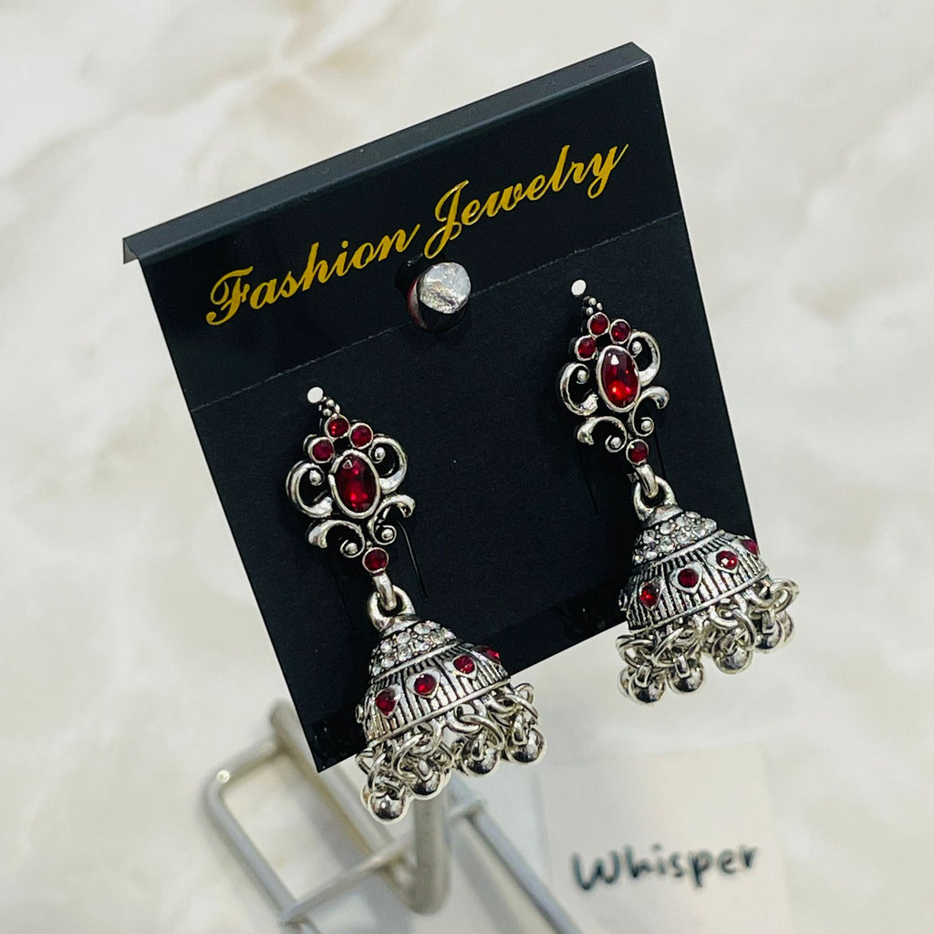 Red Stone Silver-Tone Crystal Jhumka