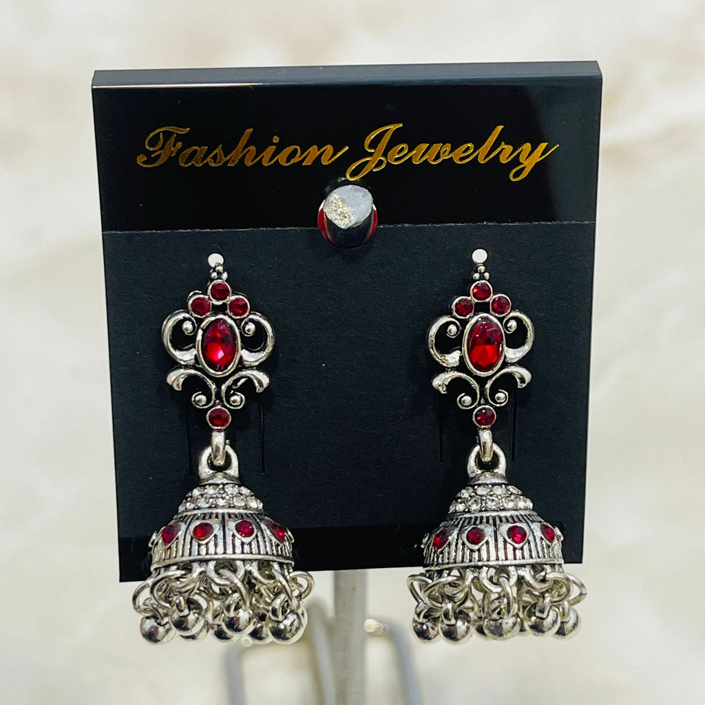 Red Stone Silver-Tone Crystal Jhumka