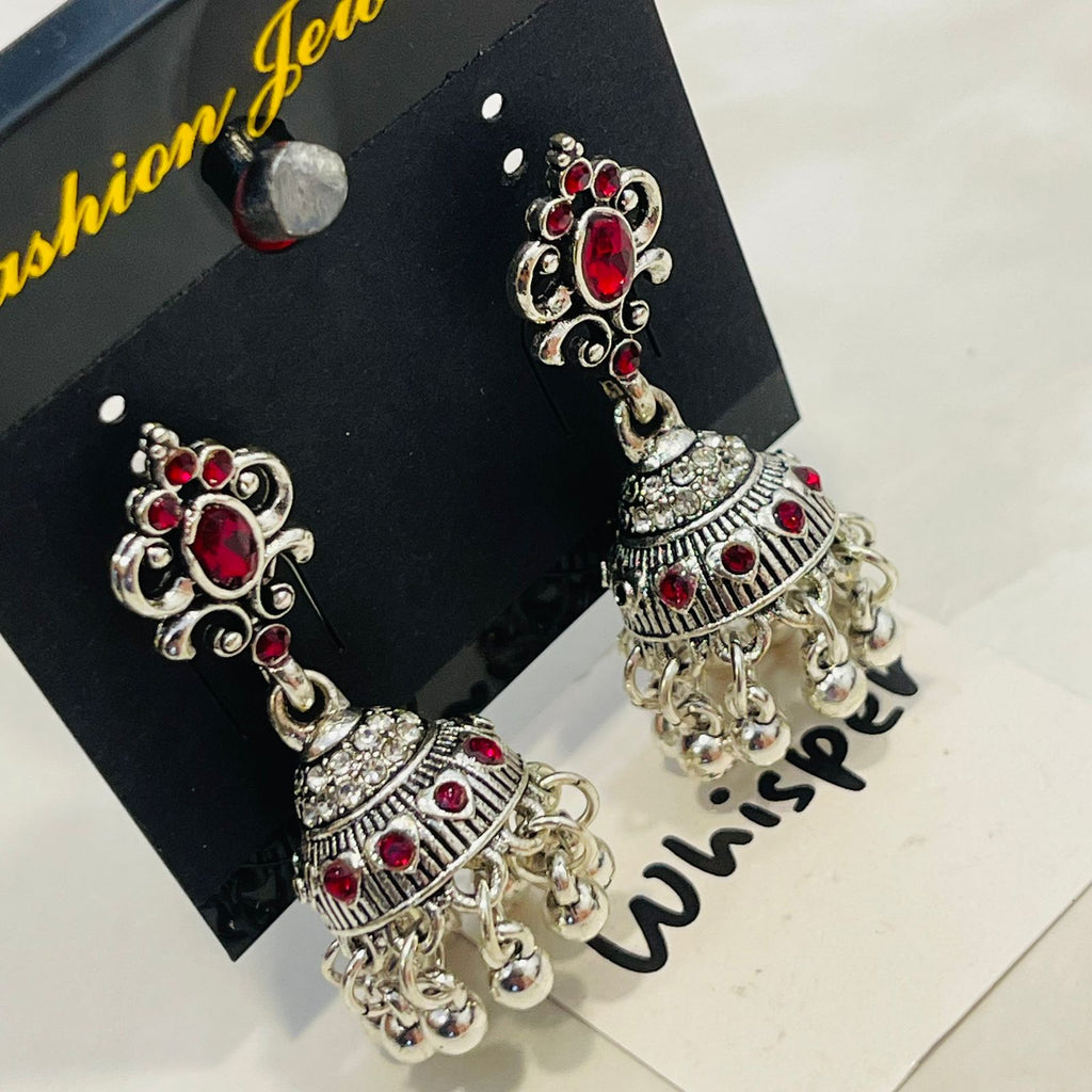 Red Stone Silver-Tone Crystal Jhumka