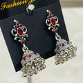 Red Stone Silver-Tone Crystal Jhumka