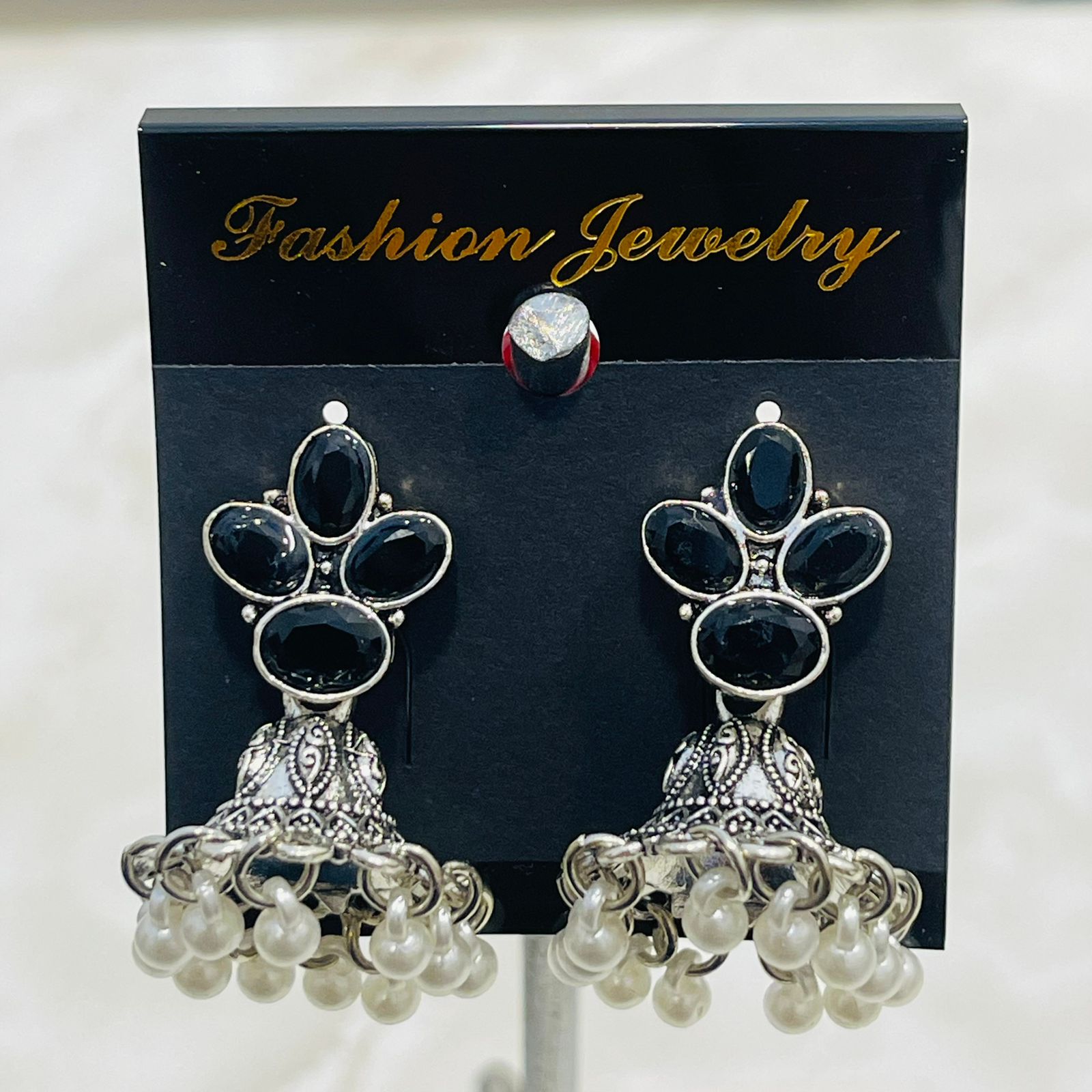 Black Stone Oxidized Jhumka Earrings