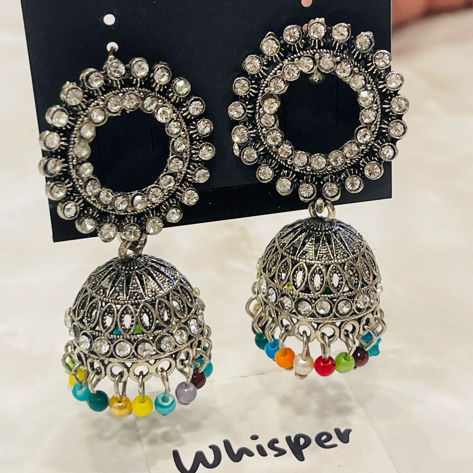 Oxidized Silver Multi-Color Beaded Jhumka
