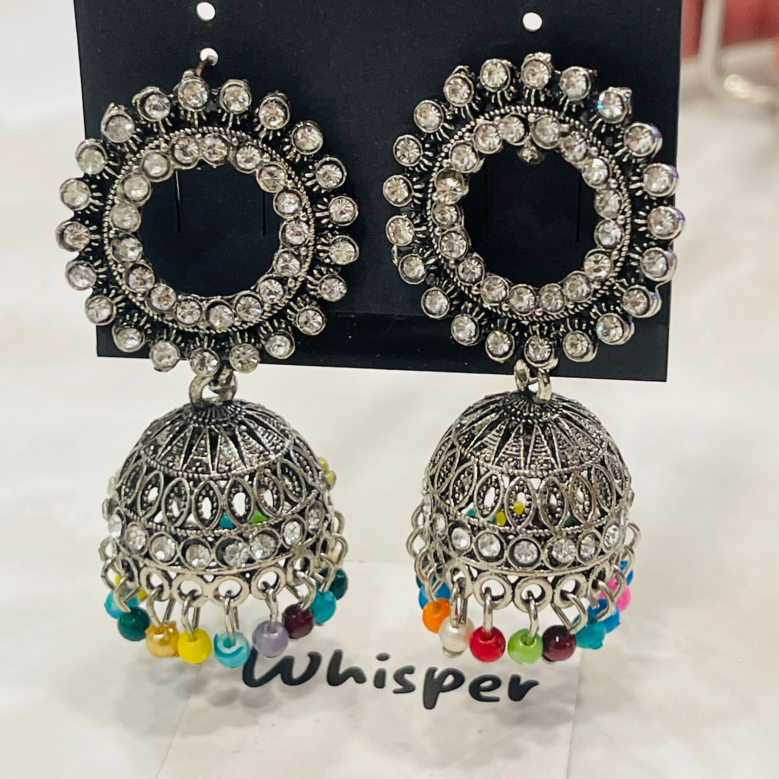 Oxidized Silver Multi-Color Beaded Jhumka