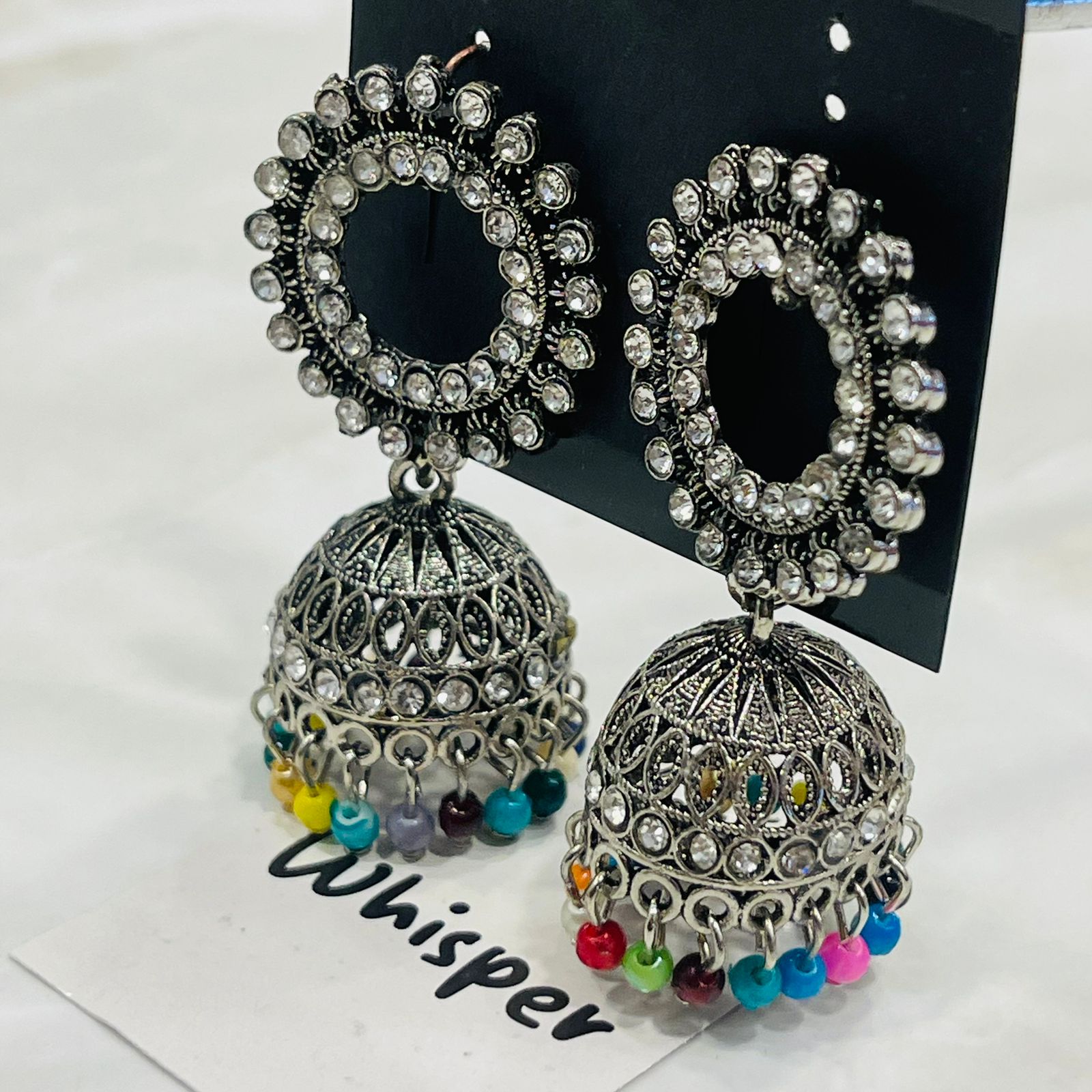 Oxidized Silver Multi-Color Beaded Jhumka