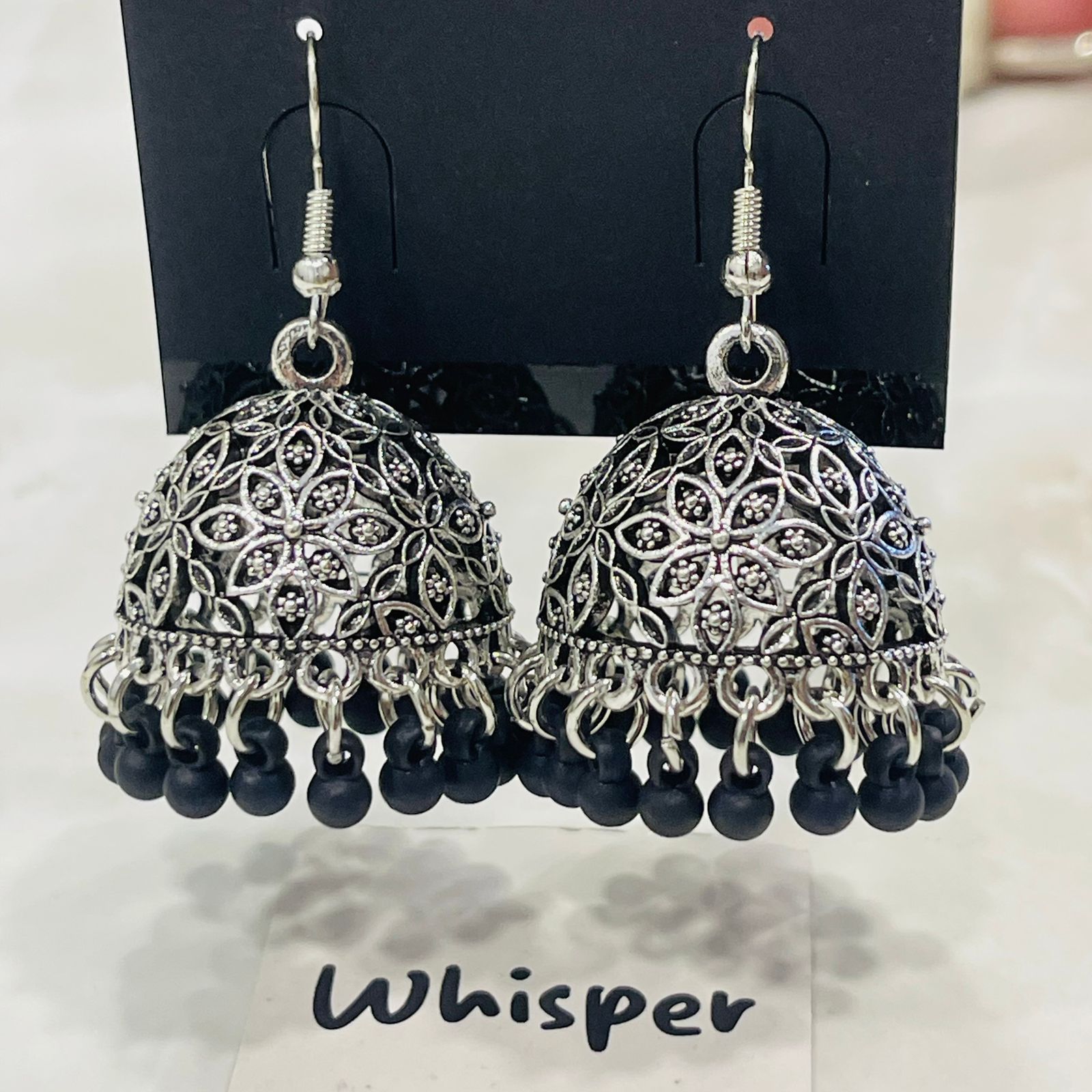 Silver Black Drop Hoop Jhumka Earrings