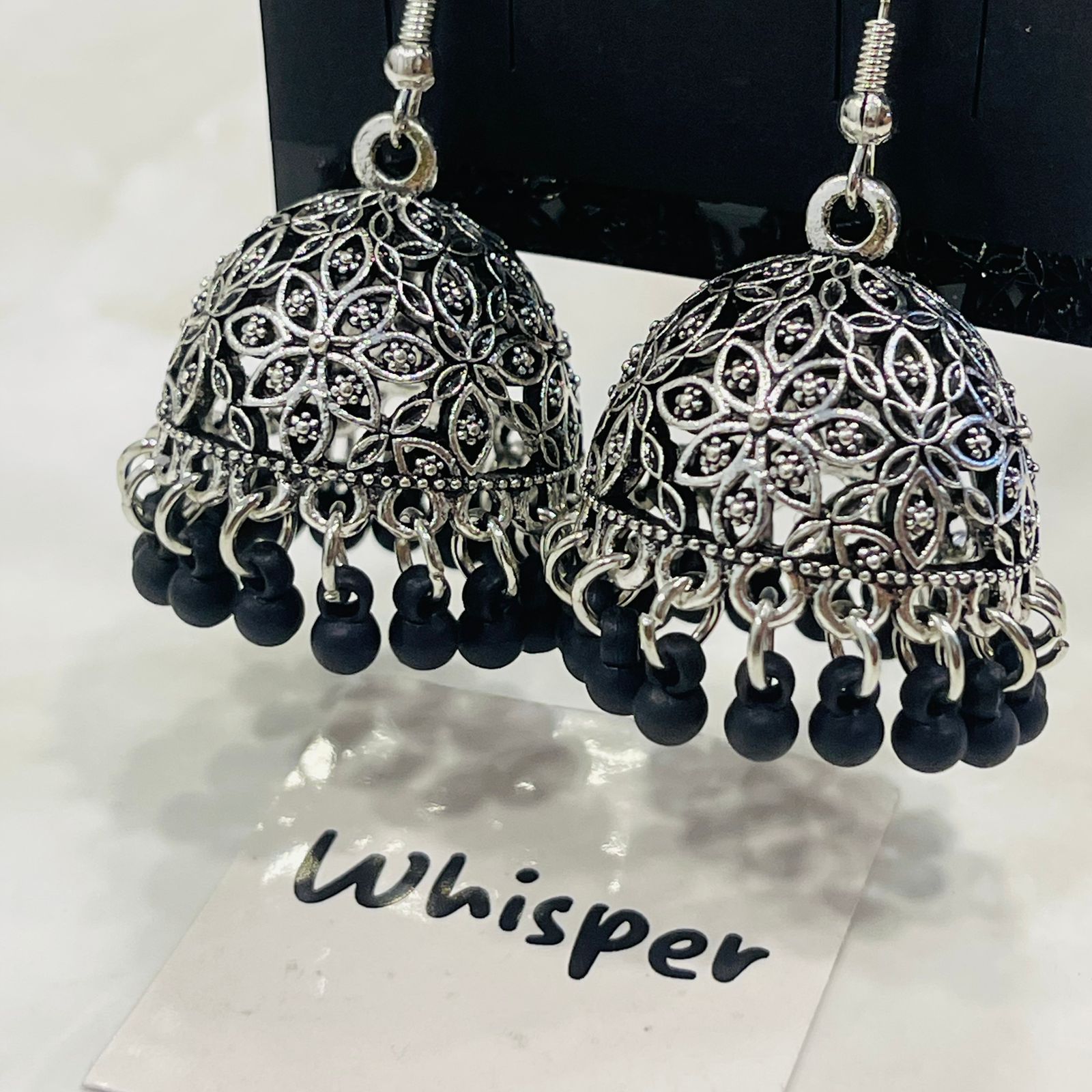 Silver Black Drop Hoop Jhumka Earrings