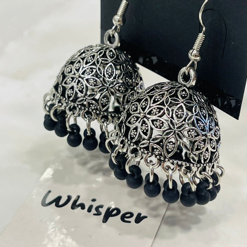Silver Black Drop Hoop Jhumka Earrings