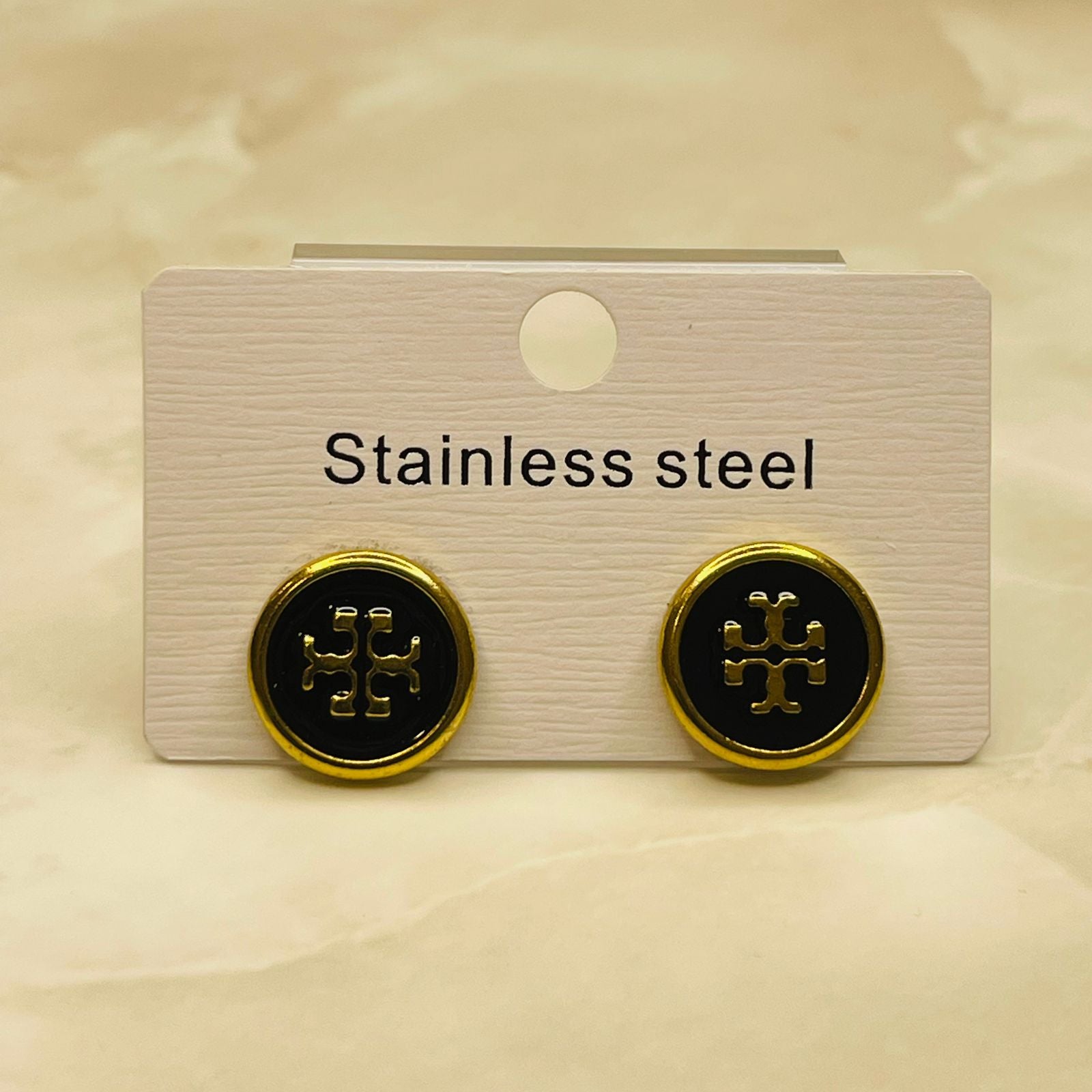 Black Enamel Gold Rim Designer Stud Earrings