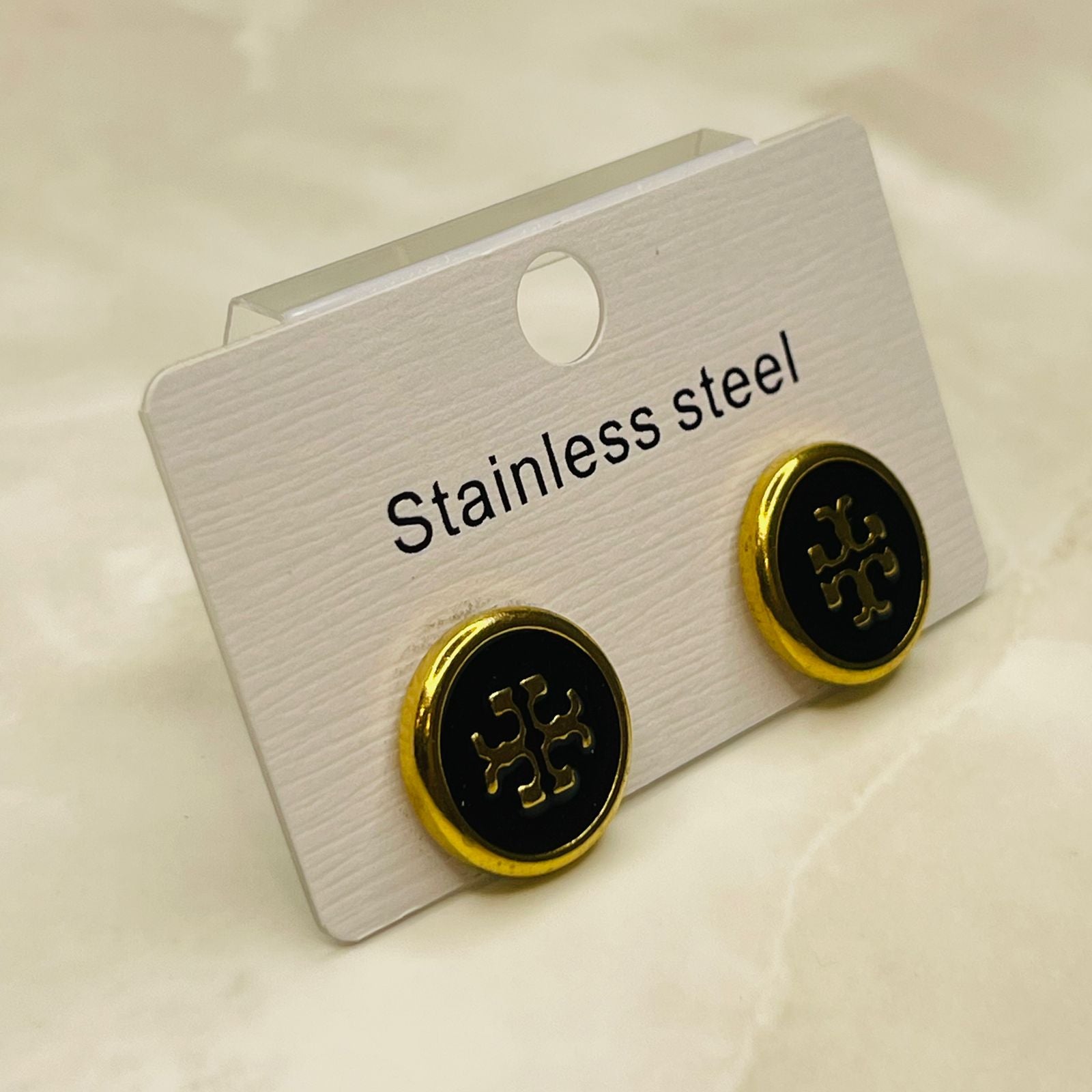 Black Enamel Gold Rim Designer Stud Earrings