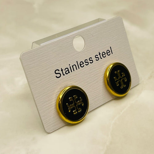 Black Enamel Gold Rim Designer Stud Earrings