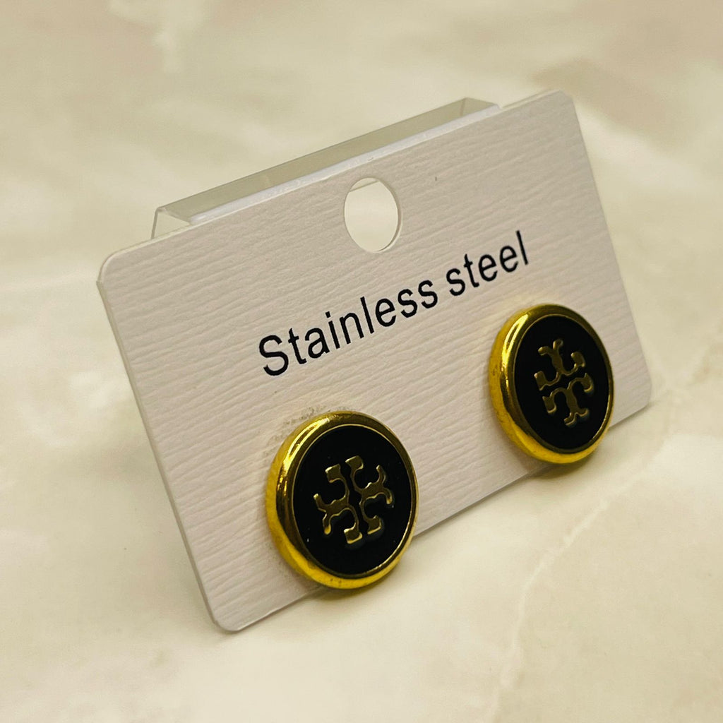 Black Enamel Gold Rim Designer Stud Earrings