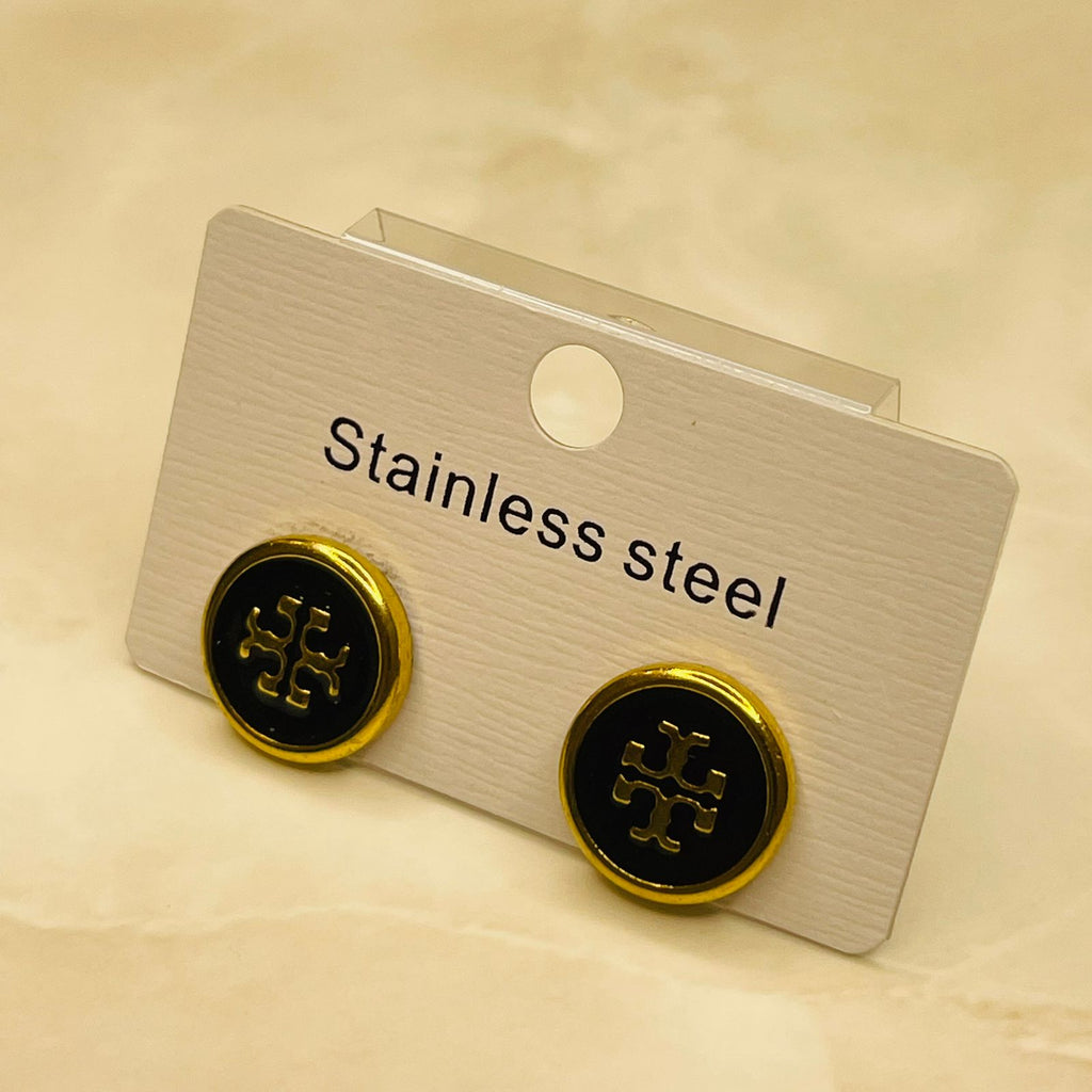 Black Enamel Gold Rim Designer Stud Earrings