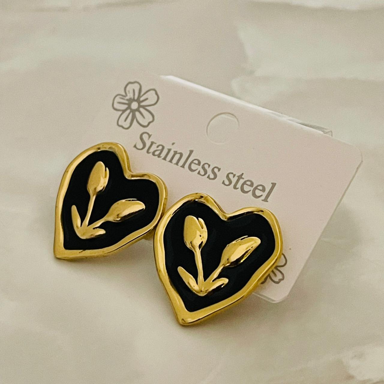 Black Heart Gold Stud Earrings