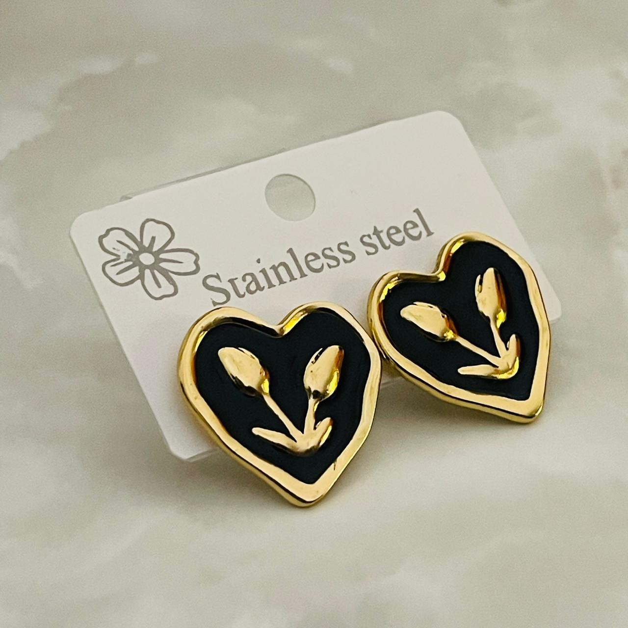 Black Heart Gold Stud Earrings