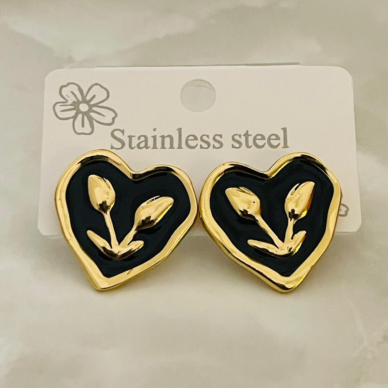 Black Heart Gold Stud Earrings