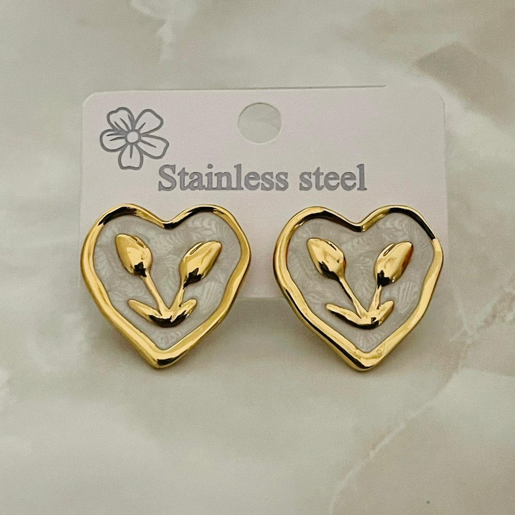 White Heart Gold Stud Earrings