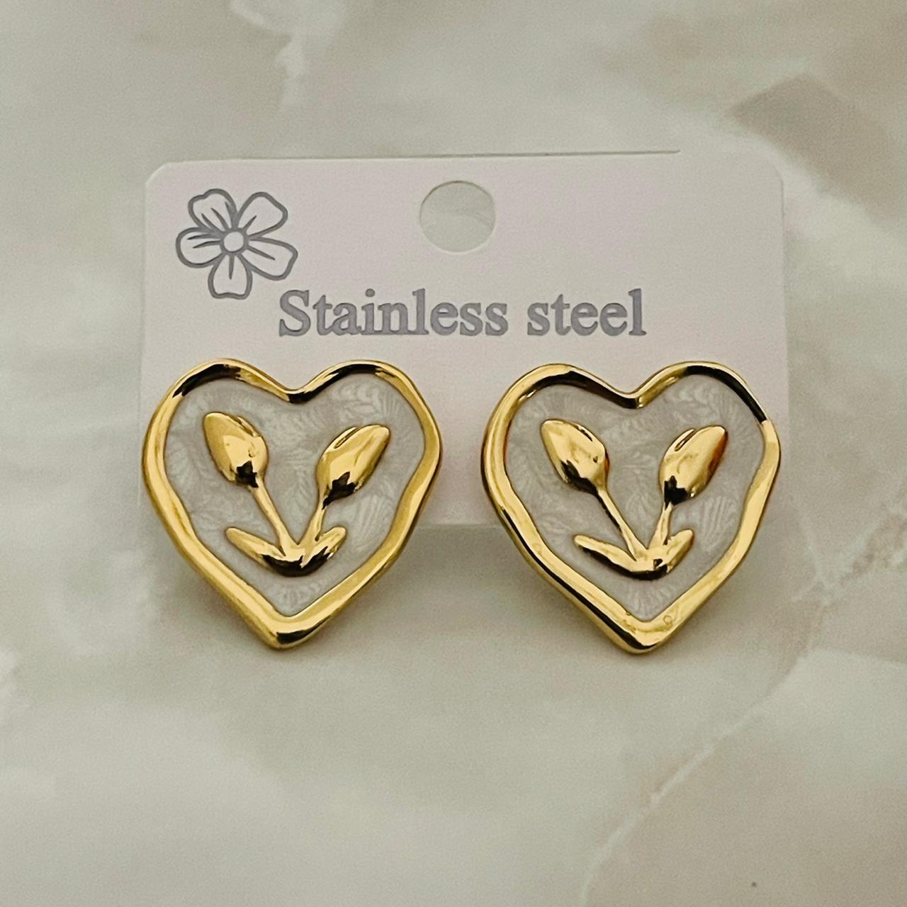 White Heart Gold Stud Earrings