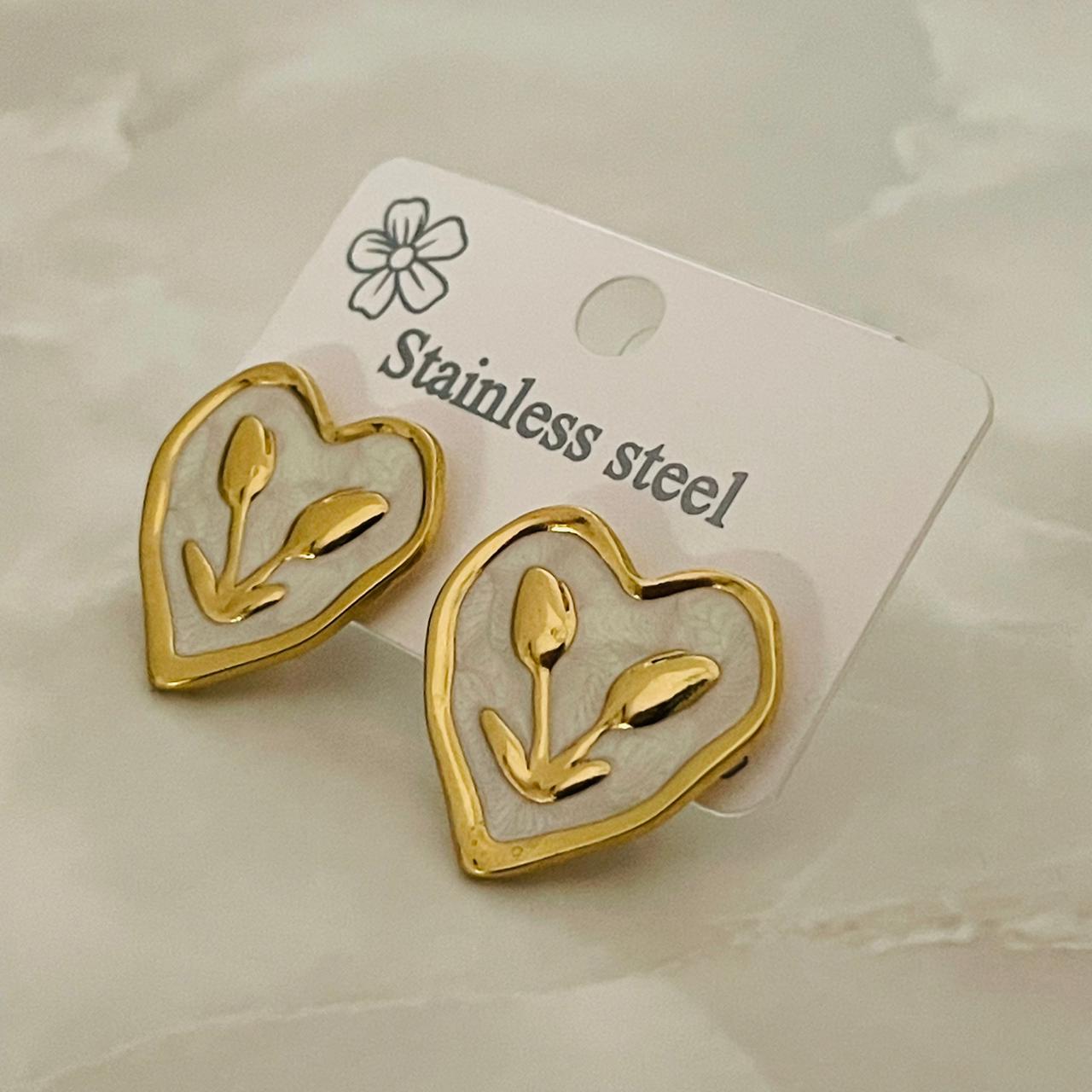 White Heart Gold Stud Earrings