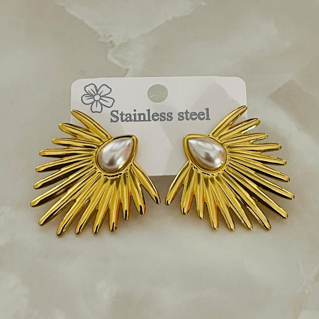 Golden Sunburst Pearl Stud Earrings