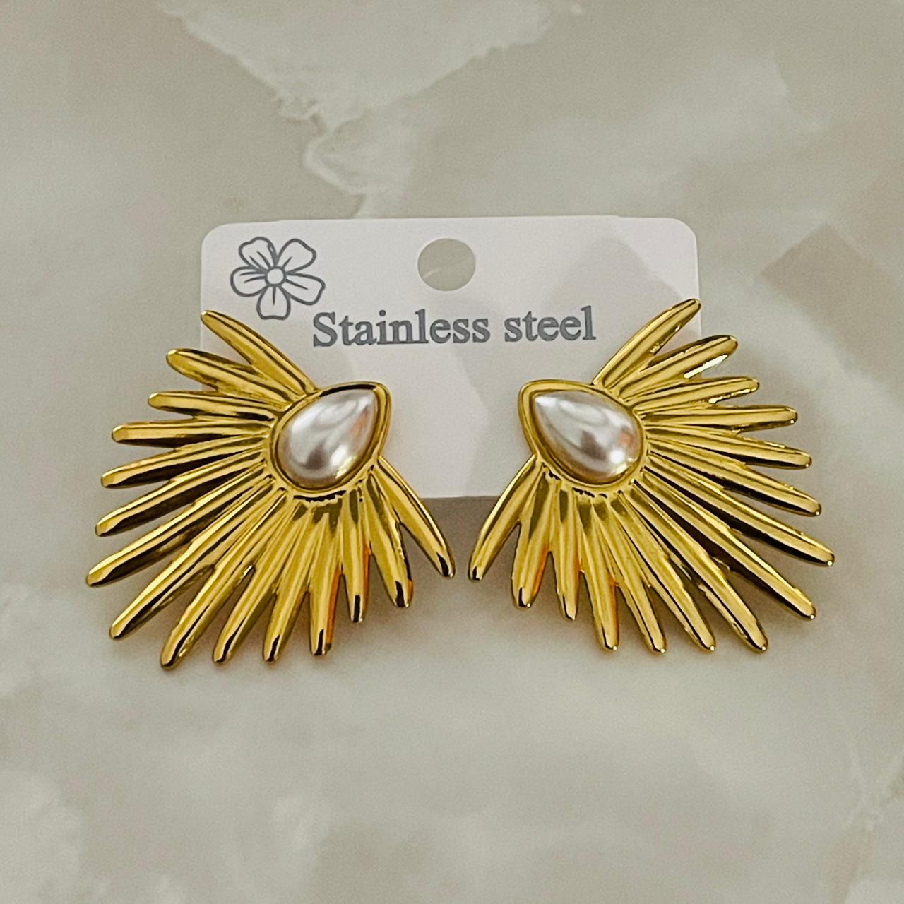 Golden Sunburst Pearl Stud Earrings