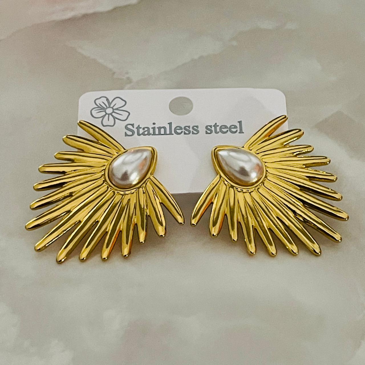 Golden Sunburst Pearl Stud Earrings