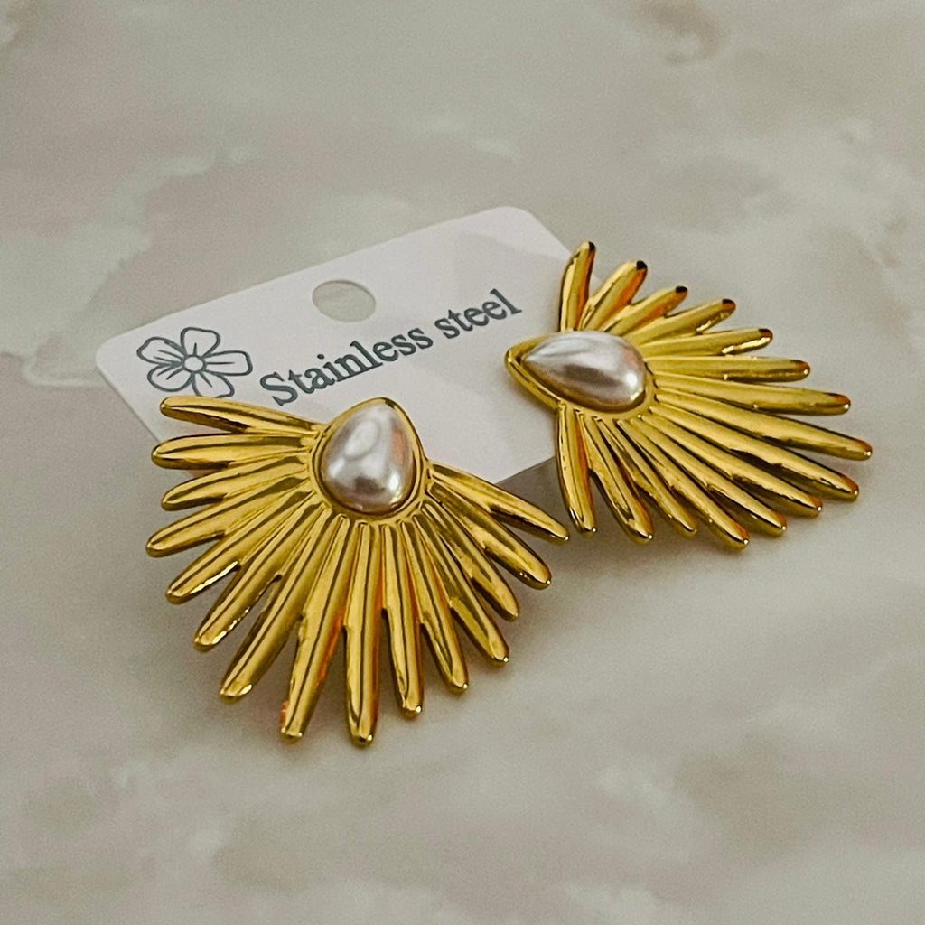 Golden Sunburst Pearl Stud Earrings