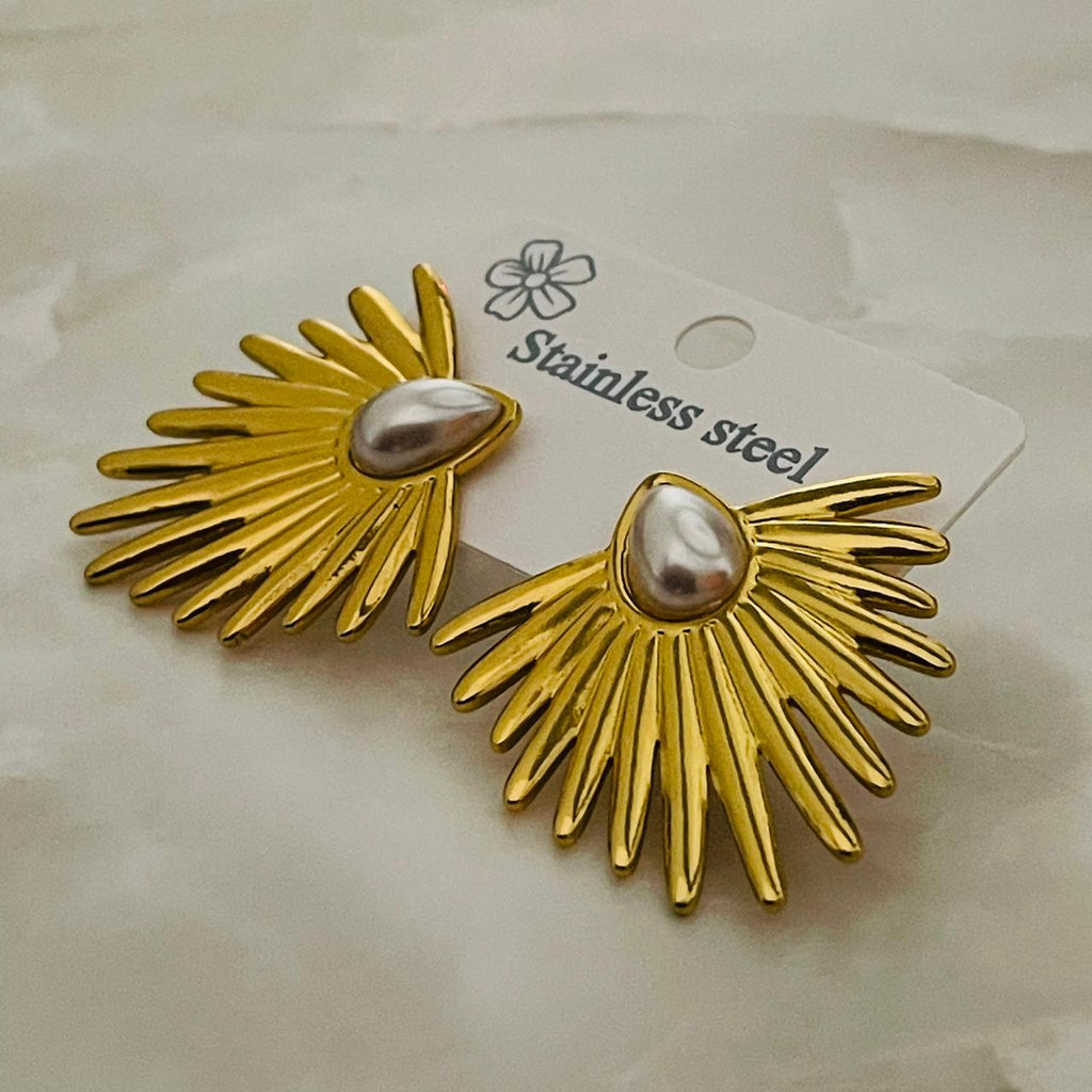 Golden Sunburst Pearl Stud Earrings