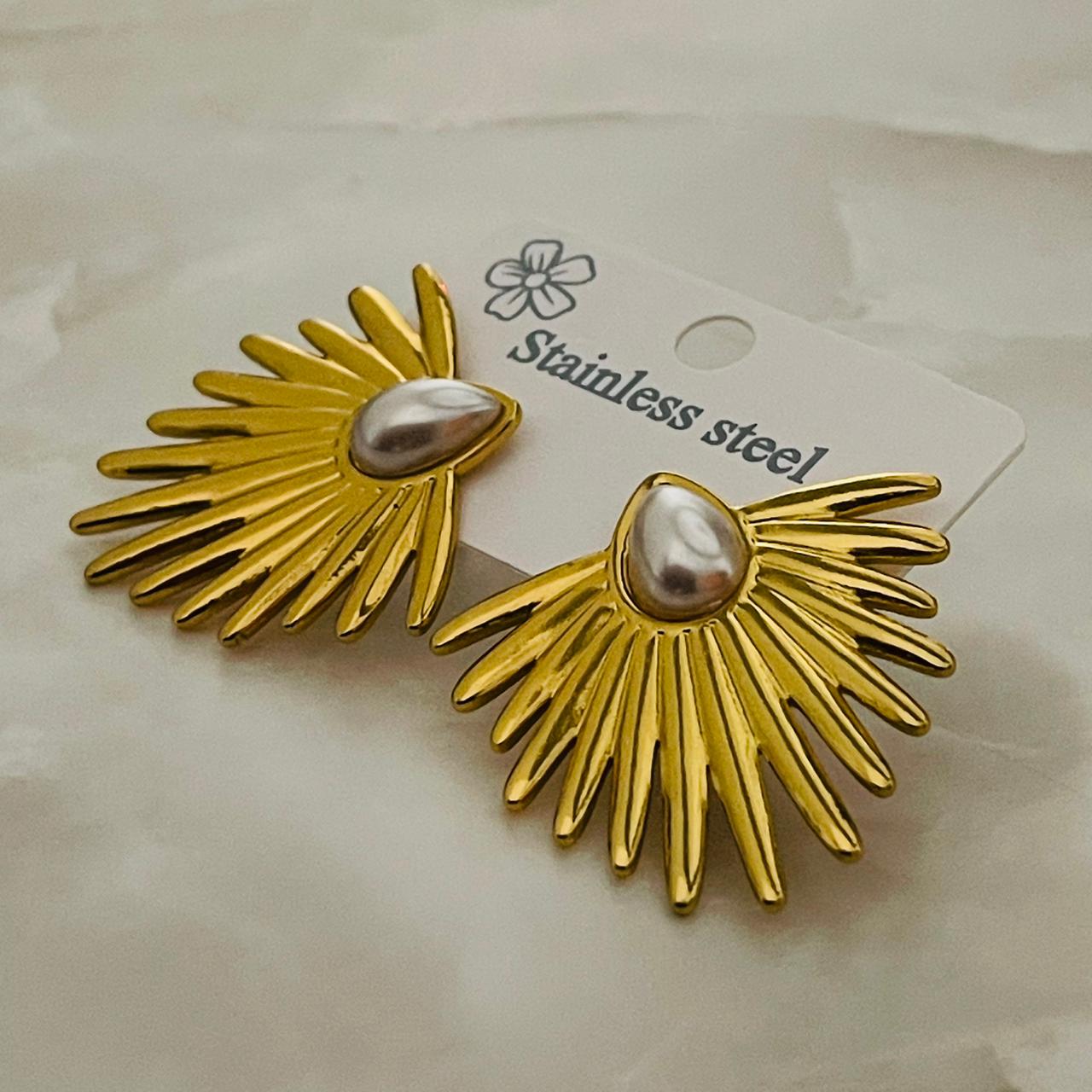 Golden Sunburst Pearl Stud Earrings
