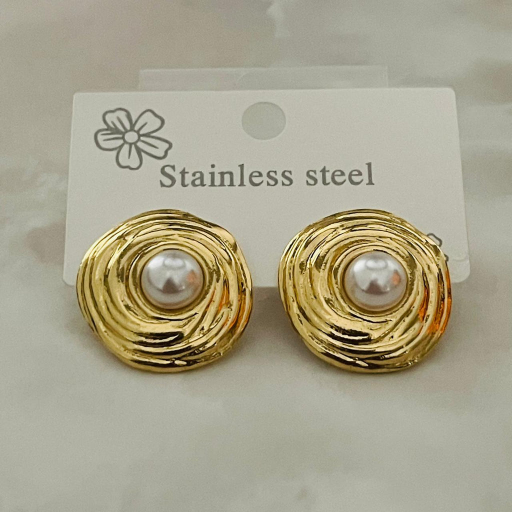 Golden Swirl Pearl Stud Earrings