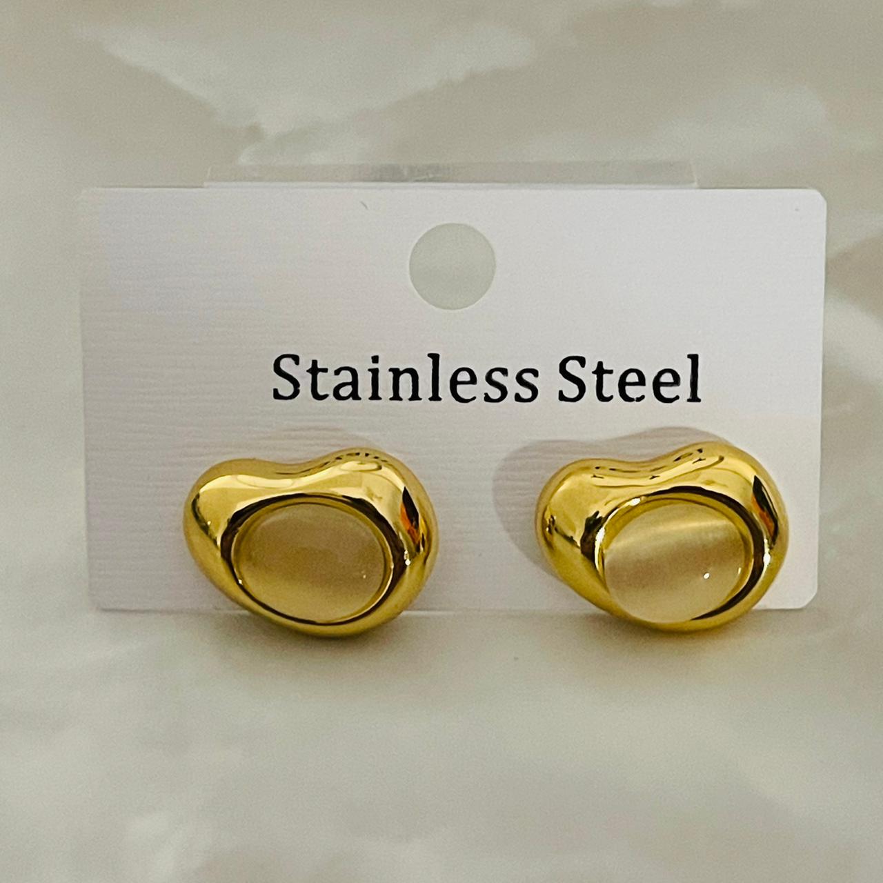 Golden Oval Cat Eye Stone Stud Earrings