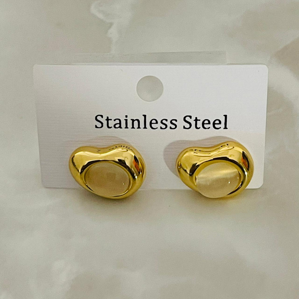 Golden Oval Cat Eye Stone Stud Earrings