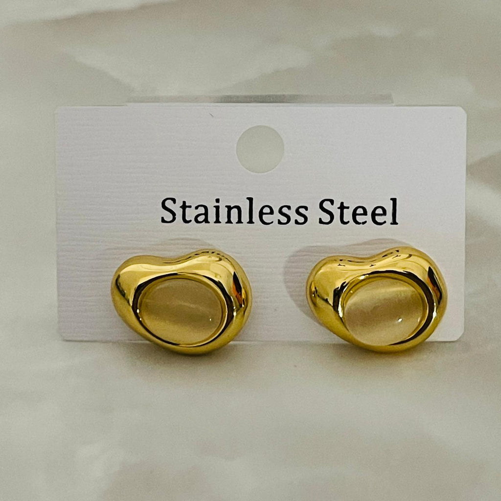 Golden Oval Cat Eye Stone Stud Earrings