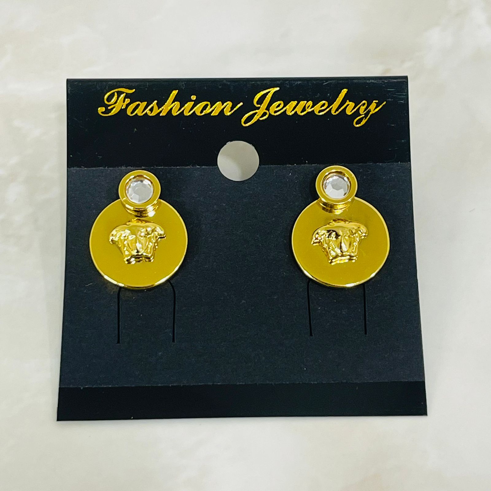 (Gold Crown Disc Earrings)