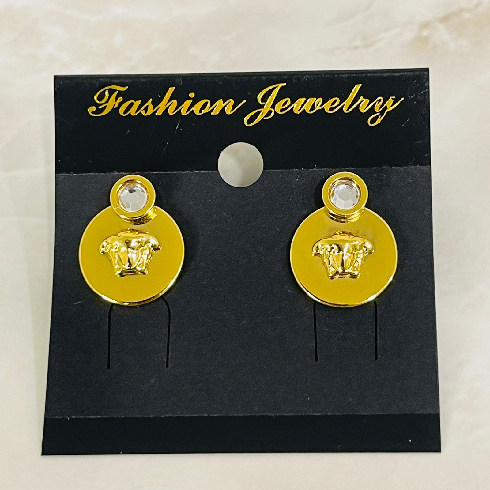 (Gold Crown Disc Earrings)