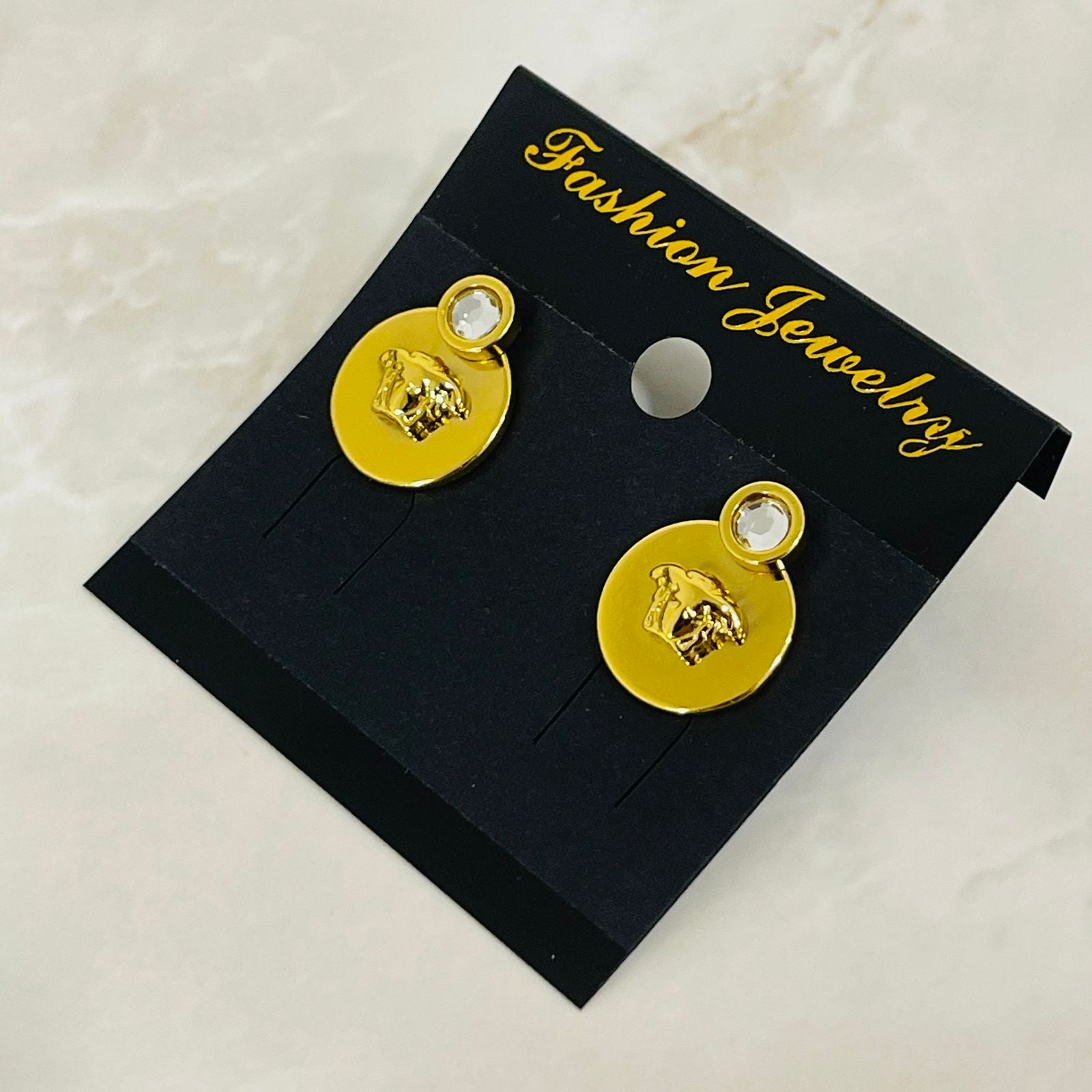 (Gold Crown Disc Earrings)