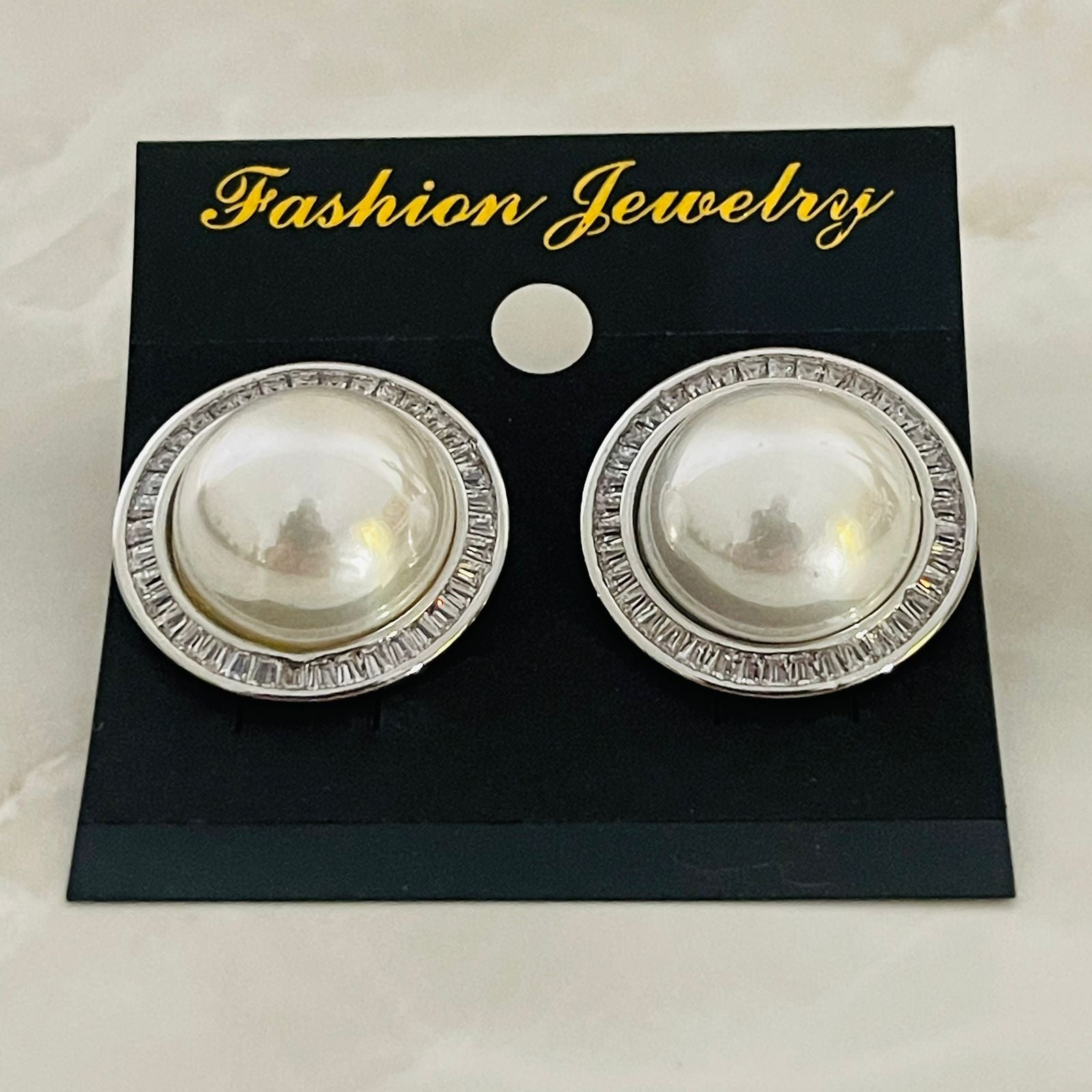 (Classic Pearl Stud – Silver Tone)