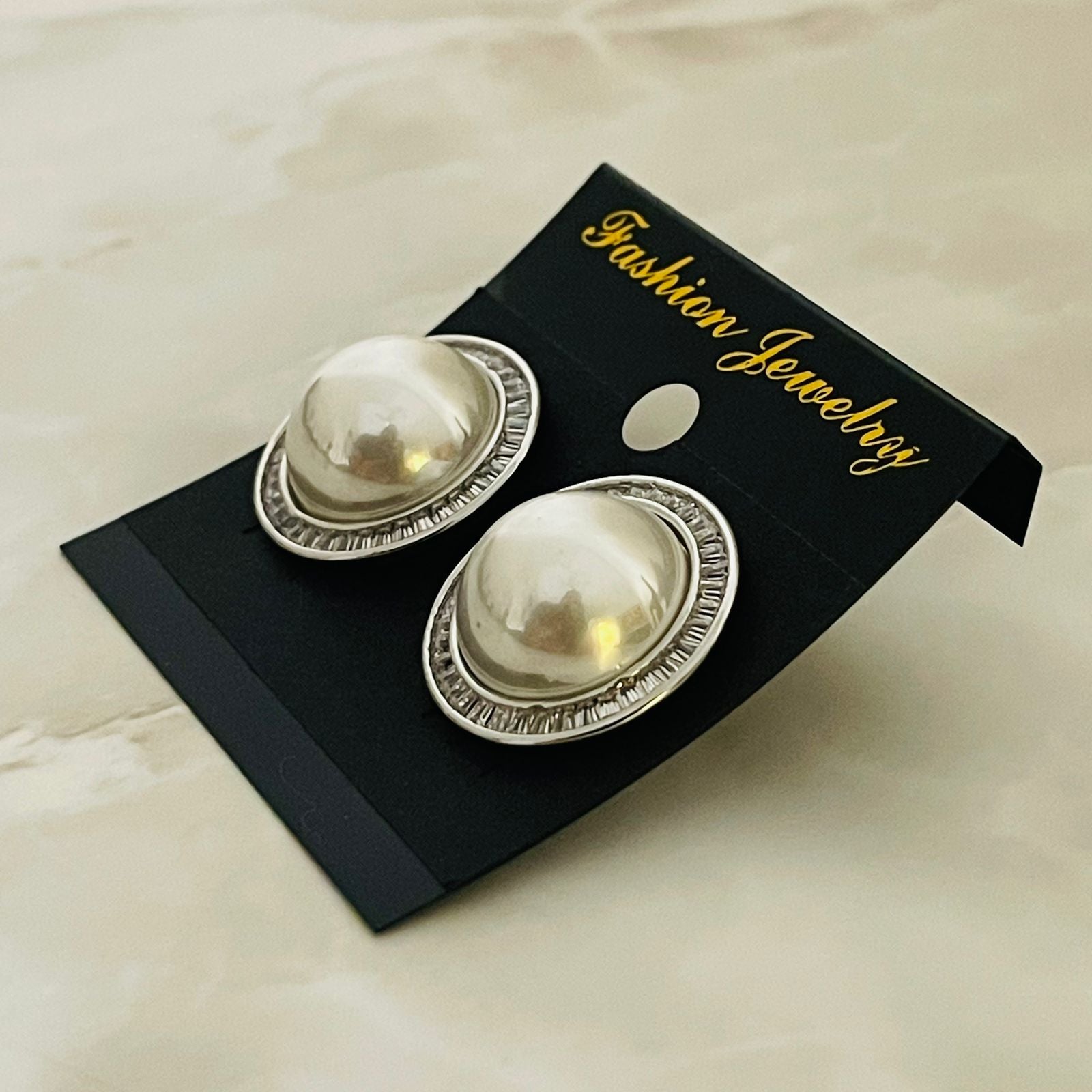 (Classic Pearl Stud – Silver Tone)