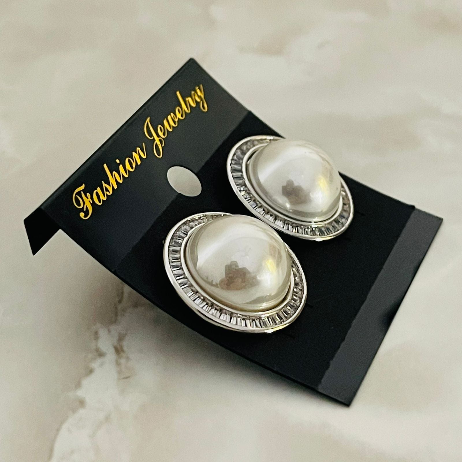 (Classic Pearl Stud – Silver Tone)